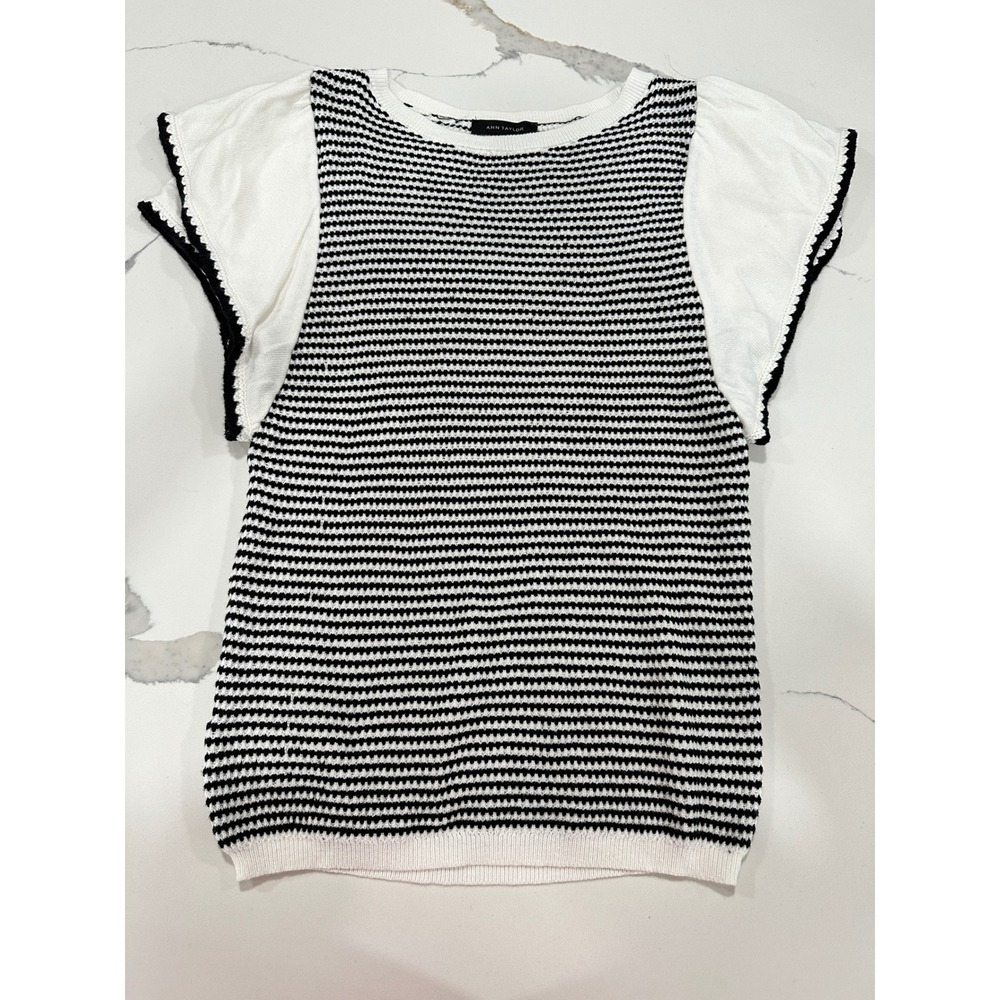 Ann Taylor Women Black White Striped Flutter Sleeve Knit Top XS Crew Neck Cotton